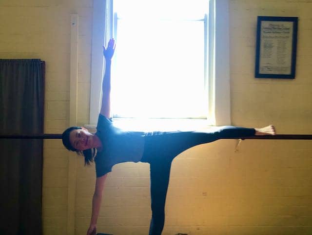 Jean in Ardha Chandrasana in Mortdale Hall